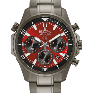Bulova Marine Star Six-hand chronograph function with calendar, gray IP stainless steel case with rotating dial ring to measure elapsed time, and a bold red dial with luminous hands and markers. Flat mineral crystal, screw-back case, gray IP stainless steel bracelet with fold over buckle closure, safety bar and extender, and water resistance to 100 meters.