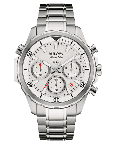 From the Marine Star Collection. Six hand calendar chronograph in stainless steel with silver-tone finish and white dial, flat mineral glass, screw-back case, and fold-over closure with pushers, safety bar and extender.