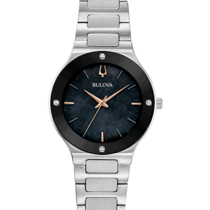 Bulova Millennia Silver tone stainless steel case with edge to edge black domed metalized crystal. Black mother of pearl dial featuring four diamonds flush set on the crystal and rose gold tone accents.