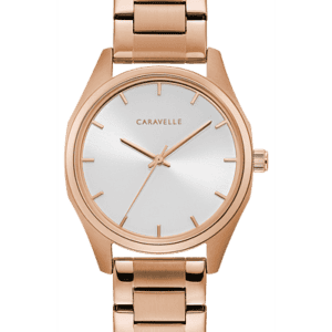 Bulova Caravelle Go for maximum impact with minimalist design. Sleek silver-white sunray dial pops with rose gold-tone hands and dial ring. Rose gold-tone stainless steel case and bracelet with double-push fold-over closure and quick-release spring bar.