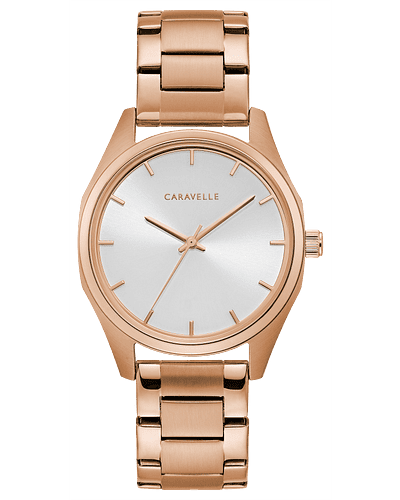 Bulova Caravelle Go for maximum impact with minimalist design. Sleek silver-white sunray dial pops with rose gold-tone hands and dial ring. Rose gold-tone stainless steel case and bracelet with double-push fold-over closure and quick-release spring bar.
