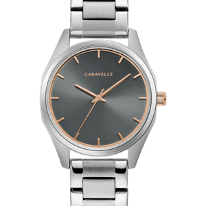 Bulova Caravelle. Go for maximum impact with minimalist design. Subtle gray sunray dial pops with rose gold-tone hands and dial ring. Stainless steel case and bracelet with double-push fold-over closure and quick-release spring bar.
