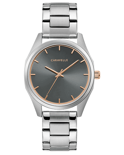 Bulova Caravelle. Go for maximum impact with minimalist design. Subtle gray sunray dial pops with rose gold-tone hands and dial ring. Stainless steel case and bracelet with double-push fold-over closure and quick-release spring bar.