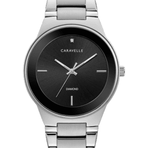 Men's Modern Bulova Caravelle Watch. Sleek and polished, with single diamond at 12 o'clock and minimalist-design hour markers on matte black dial. Stainless steel case and bracelet with double-press fold-over closure.