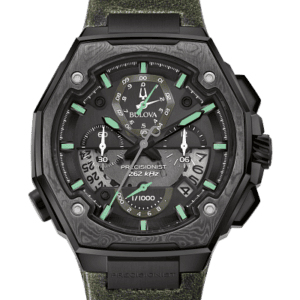 Marking the 10th anniversary of the Precisionist, the Precisionist X Special Edition is a celebration of unparalleled accuracy. The special edition timepiece features a distinctive black stainless steel case with a gray Damascus steel top ring insert. The black dial features a calendar window and a view into the proprietary Precisionist eight-hand chronograph high-performance quartz movement. The fine green leather strap is complete with a deployment buckle. The case features a curved sapphire crystal with AR coating, screw down case back, and water resistance to 50 meters. The Precisionist X Special Edition arrives in an elegant presentation box with plaque.