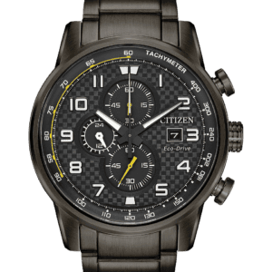 Time to hit the racetrack with the new and improved CITIZEN Primo Chronograph with Eco-Drive technology. A watch that keeps up with your speedy lifestyle, shown here with a men's grey ion-plated stainless steel case and bracelet with a jet black dial with bright yellow accents. A 1/5th second chronograph with 12/24-hour time and date. Caliber number B612.