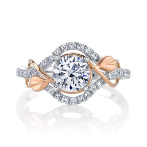 Flourishes of 18K rose gold gracefully adorn a brilliant center diamond in this updated look from the Lyria Collection.