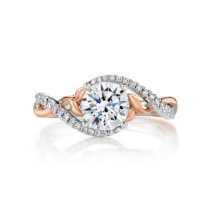 A brilliant center stone sits atop soft petals of warm rose gold and ribbons of sparkling white diamonds in this organic design from the Lyria Bridal collection.