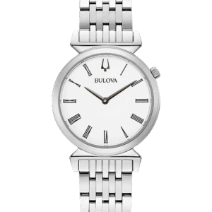 Inspired by Bulova heritage timepieces, the stainless steel Regatta features slim Roman numeral markers on a white dial, the crown at the 2 o’clock position, and unique angled lugs. Flat sapphire crystal, slim quartz movement, and water resistance to 30 meters.