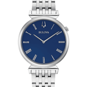 Inspired by Bulova heritage timepieces, the silver tone stainless steel Regatta features slim Roman numeral markers on a blue dial, the crown at the 2 o’clock position, and unique angled lugs. Flat sapphire crystal, slim quartz movement, and water resistance to 30 meters