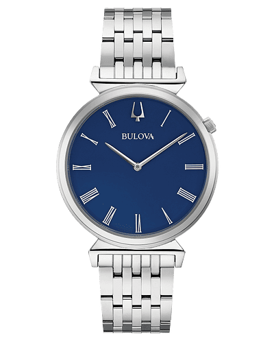 Inspired by Bulova heritage timepieces, the silver tone stainless steel Regatta features slim Roman numeral markers on a blue dial, the crown at the 2 o’clock position, and unique angled lugs. Flat sapphire crystal, slim quartz movement, and water resistance to 30 meters
