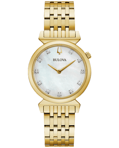 Bulova Regatta. Inspired by Bulova heritage timepieces, the gold-tone stainless steel Regatta features a white mother-of-pearl dial set with 11 diamonds, the crown at the 2 o’clock position, and unique angled lugs. Flat sapphire crystal, slim quartz movement, and water resistance to 30 meters