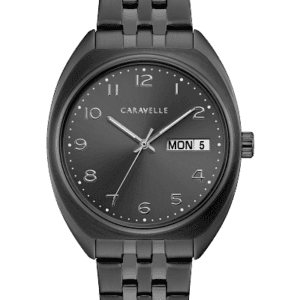 Men's Bulova Caravelle Retro-style, modern attitude! Gunmetal dial with three-hand day/date feature and saddle-shaped gun IP stainless steel case and bracelet with double-push fold-over closure.