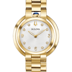 From the Rubaiyat Collection. Legendary heritage reinvented in stainless steel case with synthetic blue spinel cabochon crown at 12 o'clock position and 50 diamonds individually hand set on case parenthesis and textured grey dial, double curved sapphire crystal, stainless steel bracelet with double-press deployment closure, iconic dye struck "Goddess of Time" dimensional case back, and water resistance to 30 meters.