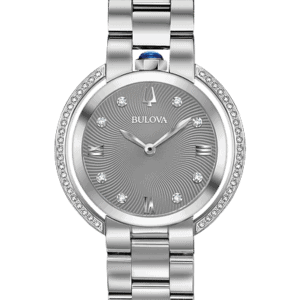 From the Rubaiyat Collection. Legendary heritage reinvented in stainless steel case with synthetic blue spinel cabochon crown at 12 o'clock position and 50 diamonds individually hand set on case parenthesis and textured grey dial, double curved sapphire crystal, stainless steel bracelet with double-press deployment closure, iconic dye struck "Goddess of Time" dimensional case back, and water resistance to 30 meters.