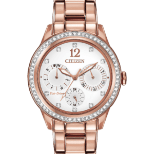CITIZEN® Silhouette Crystal, fashionable and precise, creates an appeal unlike any other with 64 Swarovski® crystals on the pink gold-tone stainless steel case, pink gold-tone bracelet, 10 Swarovski® crystals on the white dial, 12/24-hour time and analog day/date. Featuring our Eco-Drive technology – powered by light, any light. Never needs a battery. Caliber number 8729.