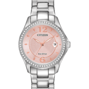 Classic lines and a hint of sophistication allow for this Citizen Silhouette Crystal timepieces to stand out. Shining bright with Swarovski® crystals and featured in a stainless steel case and bracelet with blush pink dial. Includes date feature.Featuring our Eco-Drive technology – powered by light, any light. Never needs a battery. Caliber number J710.