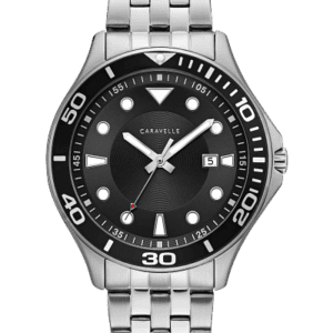 Men's Bulova Caravelle Dive-style bezel detailing adds extra dimension to matte black dial with luminous indexes and three-hand date feature. Stainless steel case and bracelet with buckle closure.