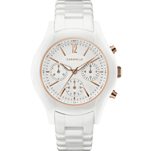 Ladies Bulova Caravelle Ceramic Sport Watch. Stylish white ceramic chronograph with rose-gold finish accents adds the right touch of softness to this sporty watch. Its features include curved crystal, patterned white dial, luminous hands, small sweep, screw back, and double-press fold-over clasp with safety lock.