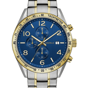 Men's Bulova Caravelle Built for style and function. Six-hand chronograph with date feature on bold blue dial. Sleek two-tone stainless steel case and bracelet with gold accents and double-push fold-over closure.