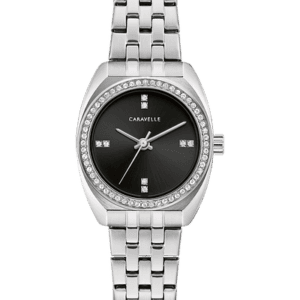 A sporty case with a mini look. Stainless steel case and bracelet with a black dial. Crystals surround the bezel, with added sparkle on the dial. Mineral crystal. Foldover clasp closure.