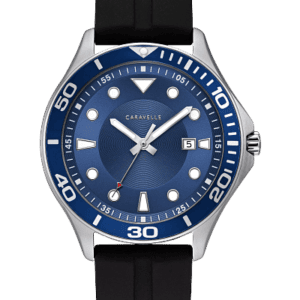 Bulova Caravelle Sport-watch-styled bezel with matte navy dial and three-hand date feature. Stainless steel case and black silicone strap with buckle closure.