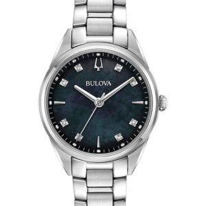 Bulova Sutton Slim stainless steel case, lustrous black mother-of-pearl three-hand dial with 8 diamonds, domed sapphire crystal, stainless steel bracelet with push-button deployment clasp, quartz movement, and water resistance to 30 meters.