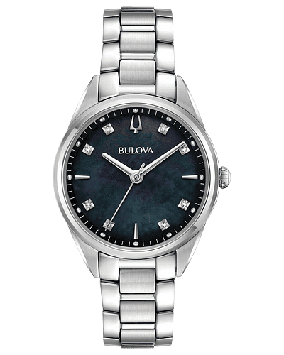 Bulova Sutton Slim stainless steel case, lustrous black mother-of-pearl three-hand dial with 8 diamonds, domed sapphire crystal, stainless steel bracelet with push-button deployment clasp, quartz movement, and water resistance to 30 meters.