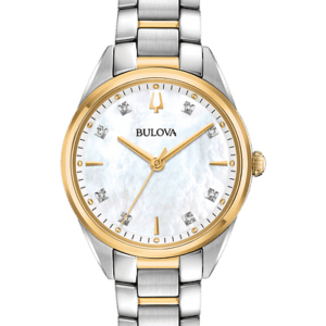 Slim stainless steel and gold-tone case, lustrous white mother-of-pearl three-hand dial with 8 diamonds, domed sapphire crystal, stainless steel and gold-tone bracelet with push-button deployant clasp, quartz movement, and water resistance to 30 meters.