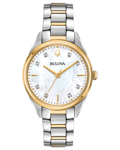Slim stainless steel and gold-tone case, lustrous white mother-of-pearl three-hand dial with 8 diamonds, domed sapphire crystal, stainless steel and gold-tone bracelet with push-button deployant clasp, quartz movement, and water resistance to 30 meters.