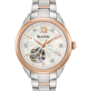 Ladies Bulova Automatic in stainless steel and rose gold-tone accents with 5 diamonds individually hand set on white mother-of-pearl dial with open aperture, exhibition case back, automatic heart-beat movement with 40-hour power reserve, domed sapphire crystal, two-tone rose gold and stainless steel bracelet with double-press deployment closure, and water resistance to 30 meters