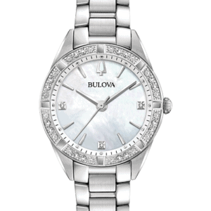 Bulova Sutton Slim stainless steel case set with 16 diamonds, lustrous white mother-of-pearl three-hand dial with 3 diamonds, domed sapphire crystal, stainless steel bracelet with push-button deployant clasp, quartz movement, and water resistance to 30 meters.