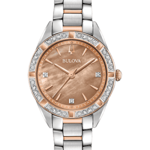 Bulova Sutton Women's Slim stainless steel and rose gold-tone case set with 16 diamonds, lustrous bronze mother-of-pearl three-hand dial with 3 diamonds, domed sapphire crystal, stainless steel and rose gold-tone bracelet with push-button deployment clasp, quartz movement, and water resistance to 30 meters