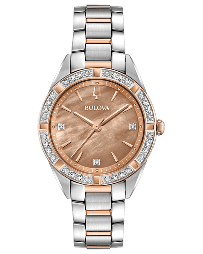 Bulova Sutton Women's Slim stainless steel and rose gold-tone case set with 16 diamonds, lustrous bronze mother-of-pearl three-hand dial with 3 diamonds, domed sapphire crystal, stainless steel and rose gold-tone bracelet with push-button deployment clasp, quartz movement, and water resistance to 30 meters