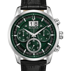 Bulova Sutton Six-hand chronograph with silver tone stainless steel case and black leather strap. Deep forest green and black dial, featuring an oversized date window at the 12 o'clock position. Watch features a domed mineral crystal, quartz movement, and water resistance to 30 meters