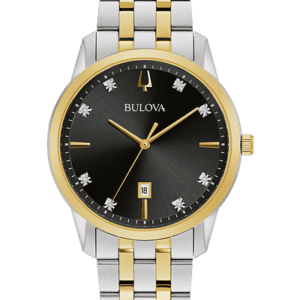 Bulova Sutton Two-tone stainless steel case and bracelet with a black dial featuring eight diamonds set on the dial and gold-tone hands, and a calendar window at the 6 o’clock position. Domed mineral crystal. Deployment buckle.