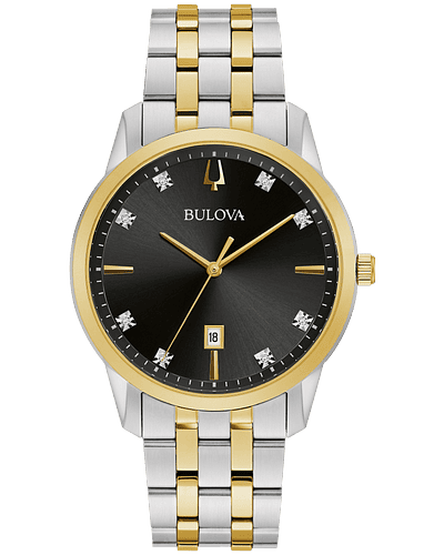 Bulova Sutton Two-tone stainless steel case and bracelet with a black dial featuring eight diamonds set on the dial and gold-tone hands, and a calendar window at the 6 o’clock position. Domed mineral crystal. Deployment buckle.
