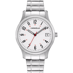 Ladies Bulova Caravelle Watch. Timeless design, wear-with-everything style. Complete with easy-to-read numerals with 24-hour design and three-hand date feature. Stainless steel case and comfort-fit expansion bracelet are the finishing touches on this classic watch.