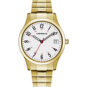 Ladies Bulova Caravelle Timeless design, wear-with-everything style. Complete with easy-to-read numerals with 24-hour design and three-hand date feature. Gold-tone stainless steel case and comfort-fit expansion bracelet are the finishing touches on this classic watch.