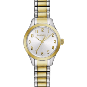 Ladies Bulova Caravelle Traditional Style Watch. Everyday style thats anything but basic! Silver-white three-hand dial paired with two-tone gold and stainless comfort-fit expansion bracelet.