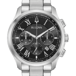 Bulova Wilton style with six-hand chronograph function. Stainless steel case with applied Roman markers, tachymeter and calendar feature on black textured dial, domed mineral glass, three-row stainless steel bracelet with double-press deployment closure, and water resistance to 30 meters.