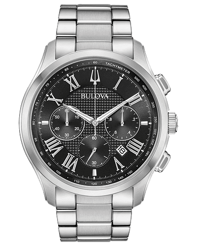 Bulova Wilton style with six-hand chronograph function. Stainless steel case with applied Roman markers, tachymeter and calendar feature on black textured dial, domed mineral glass, three-row stainless steel bracelet with double-press deployment closure, and water resistance to 30 meters.