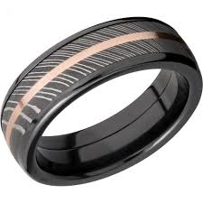 Lashbrook Zirconium Polish Edges Damascus Steel Center with a Satin Strip of 14kt Rose Gold Gents Ring