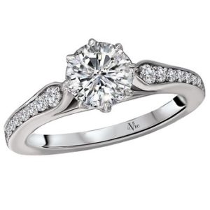 Diamond Ring in 14kt White Gold. (D 1/3 carat total weight) This item is a SEMI-MOUNT and it comes with NO CENTER STONE as shown but it will accommodate a 6.5mm round center stone.