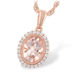 14kR Oval Checkerboard Cut Morganite with Diamond Halo Necklace