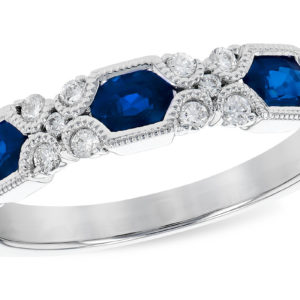 Allison Kaufman Blue Sapphire Diamond Milgrain Band 14ktw with 3 fancy cut sapphires and 22 round diamonds