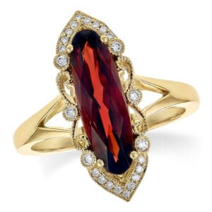 14kty Marquise Shaped Mosambic Garnet with split shoulders and milgrain edges