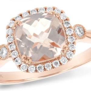 Allison Kaufman Morganite Cushion Cut Ring Set in Rose Gold with a Diamond Halo