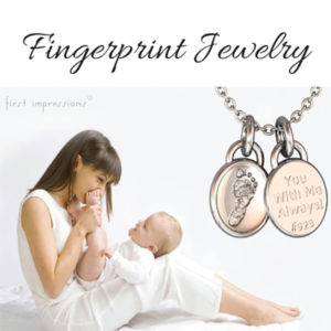 First Impressions fingerprint jewelry with a mother and child on the left
